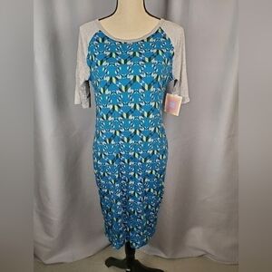 NWT Lularoe Julia, blue w/multicolored geometric pattern/gray sleeves, size M